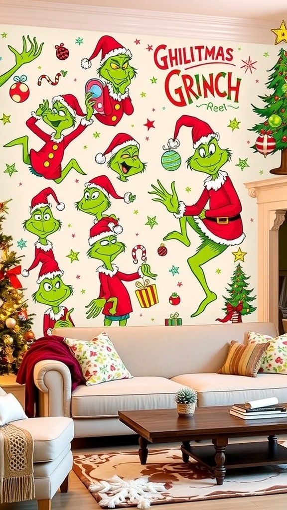 Colorful Grinch wallpaper design with festive elements, applied to a cozy living room wall.